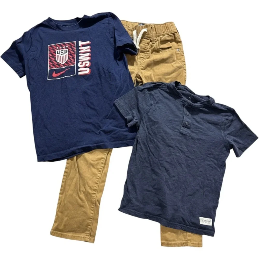 Nike GAP Boys M 10-12 Navy Tan USWNT Soccer Tee Henley Slim Pants Lot 3pc